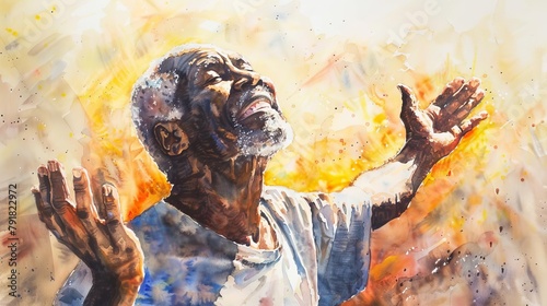 joyful disabled african american man praising god for blessings and healing watercolor painting
