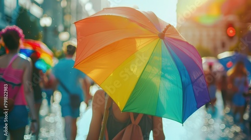 A colorful scene at the pride parade as a participant carries a rainbow flag umbrella, symbolizing unity and support for the LGBT community.  © Samady Sat 