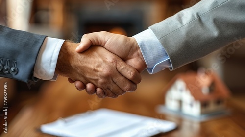 Real estate transaction, Real estate agents and customers shake hands to congratulate after signing a contract to buy a house with land and insurance, handshake and Good response concept