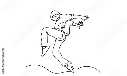 continuous line drawing of a young boy energetic hip-hop dancer man practicing.Single line art concept of male hip-hop dance. Vector illustration.