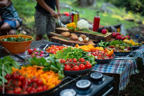 Friends gathered around a table in nature, preparing a meal with an assortment of vibrant fresh vegetables and fruits