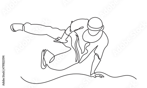 continuous line drawing of a young boy energetic hip-hop dancer man practicing.Single line art concept of male hip-hop dance. Vector illustration.