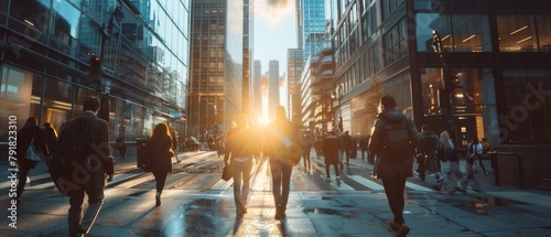 Pedestrians dress smartly for a commuting morning or a shopping trip downtown. Successful people walking in downtown on a cloudy day. Office Managers and Business People commute to work on foot on a photo