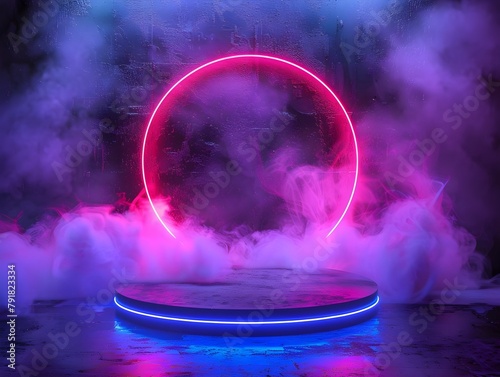 Glowing 3D Neon Podium Platform on Dark Studio Stage