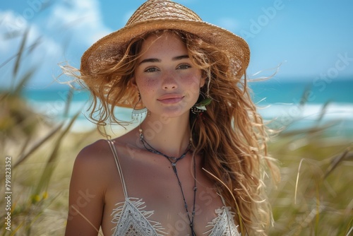 Detailed close-up of a blonde woman with blue eyes wearing a straw hat at the beach