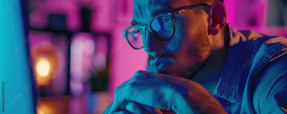 Obraz premium A man wearing glasses is looking at a computer screen in a dark room. The light from the screen is reflecting on his glasses.