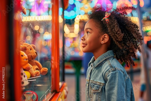 A young girl stands enchanted by vibrant carnival games and prizes, longing for a win at the funfair photo