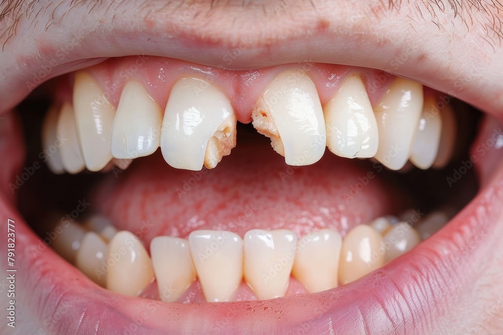 Fototapeta premium Macro image shows damaged teeth with visible cavities and tooth decay in need of dental care