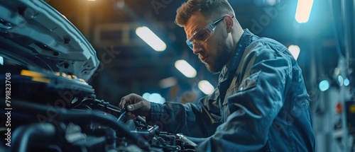 Worker in Safety Glasses Repairs the Engine on a Vehicle. Specialist Unscrews Bolts with a Ratchet. Modern Clean Workshop. Professional Mechanic Working on a Car. photo