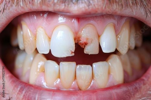 Detailed macro shot of human teeth with inflamed bleeding gums, highlighting dental health issues