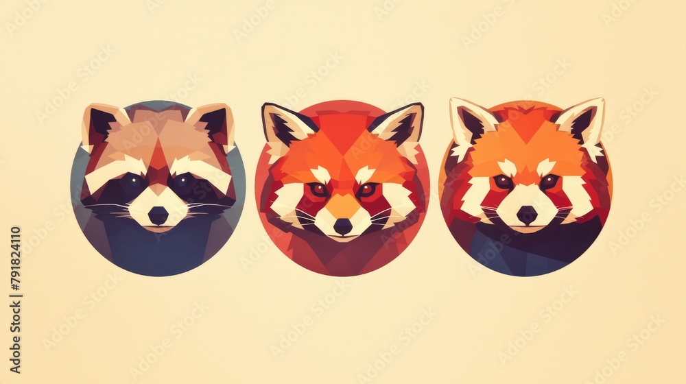 Fototapeta premium Chic and minimalist animal head icons featuring a fox red panda and raccoon are elegantly stylized within circles in a modern geometric design