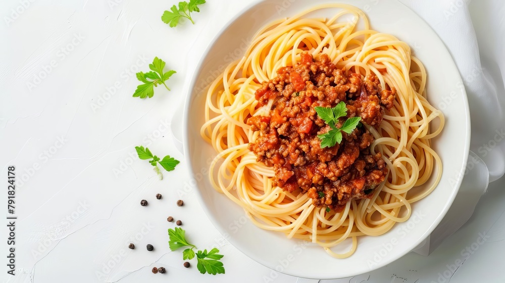 pasta spaghetti bolognese in white bowl top view on white background food photography pasta spaghetti bolognese in white bowl top view on white background food photography
