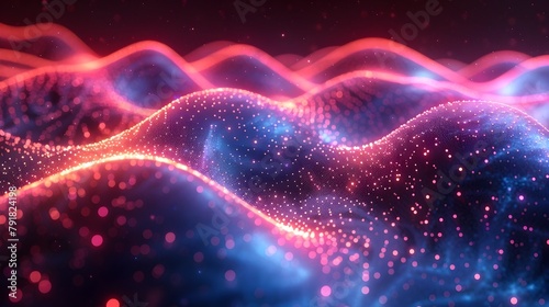 Glowing Neon Waves of Digital Energy and Luminous Particles in Futuristic Backdrop