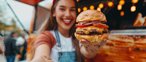 Young Female is paying for her food with her contactless credit card while receiving a freshly-made burger from a street food truck. Street Food Truck Sells Burgers in a Modern Hip Neighborhood.