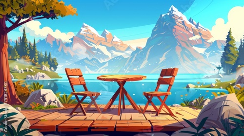 Home terrace with mountain lake view, wooden table and chairs on wood floor at nature landscape with spruces and rocks, cartoon modern illustration, resort, hotel area.
