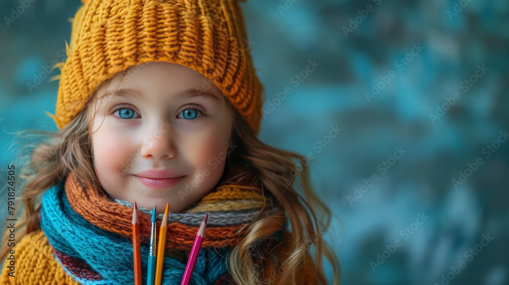Portrait of a cute little girl in a knitted hat and scarf.