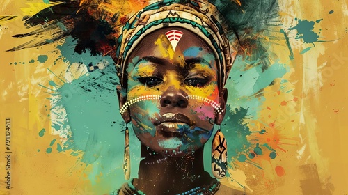 powerful african queen with colorful tribal makeup and headdress mixed media portrait illustration