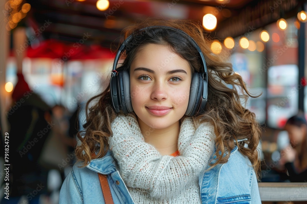 A cheerful young girl wearing headphones and a cozy sweater smiles warmly in a vibrant café setting