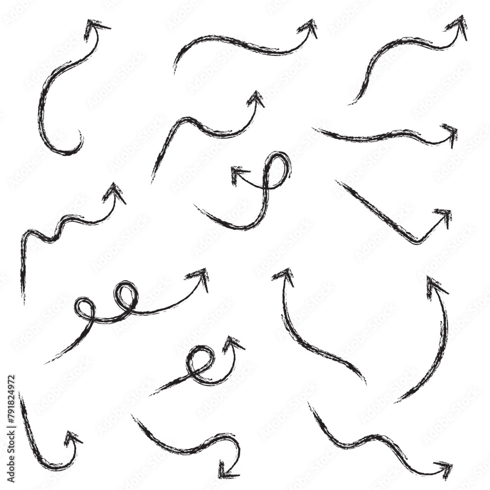 Black hand-drawn brush stroke arrow isolated on a white background. Black hand-drawn brush stroke arrow isolated on a white background.