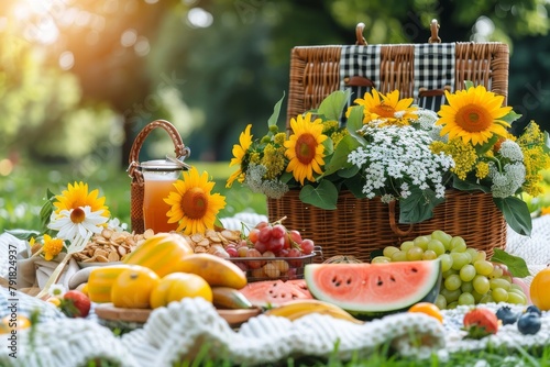 A vibrant picnic scene with a basket full of flowers and fruits laid out on a sunny day, depicting leisure and summer vibes photo