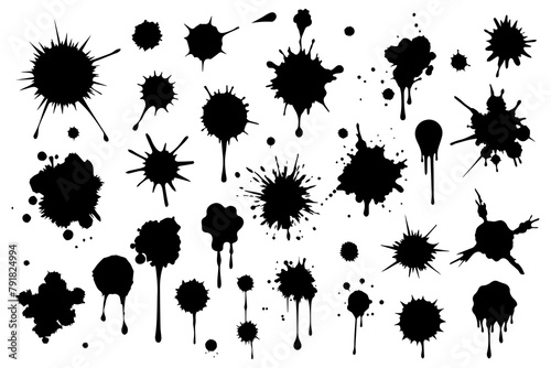 Set of grunge splashes of black color. Paint smudges and stains of various shapes. Design elements. Vector.
