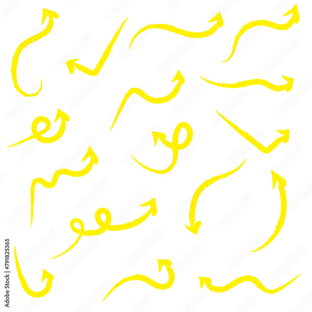 yellow hand-drawn brush stroke arrow isolated on a white background. yellow hand-drawn brush stroke arrow isolated on a white background.
