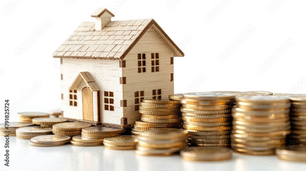 House model and stacks of coins on wooden table against white background, selective focus. Concept of investment property, Mortgage House model and stacks of coins on wooden table against white background, selective focus. Concept of investment property, Mortgage