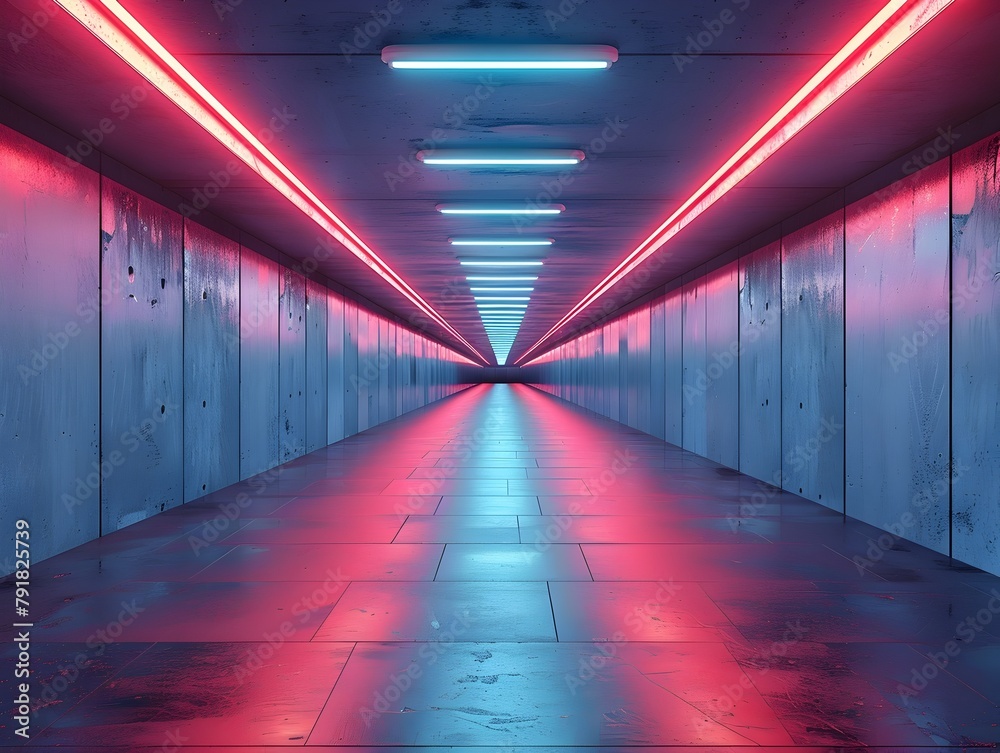 Illuminated Underground Concrete Corridor with Metallic Structure and Tunnel Concept