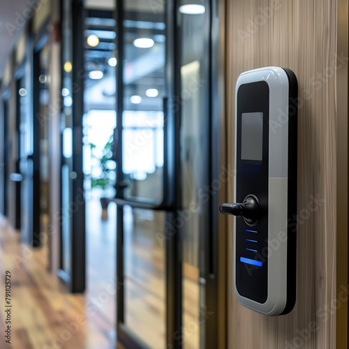 Modern keycard scanner on office door handle, concept of secure and controlled access in corporate environments. photo