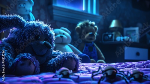 Cozy midnight scene with enigmatic ectoparasites crawling over plush toys photo
