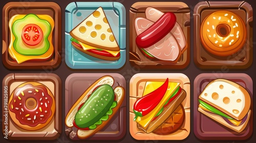 Food icons, buttons, and doughnuts with textures of fish, meat, cheese, sandwiches, donuts, tomatoes, sausages, and pepper. Modern cartoon set for mobile apps.