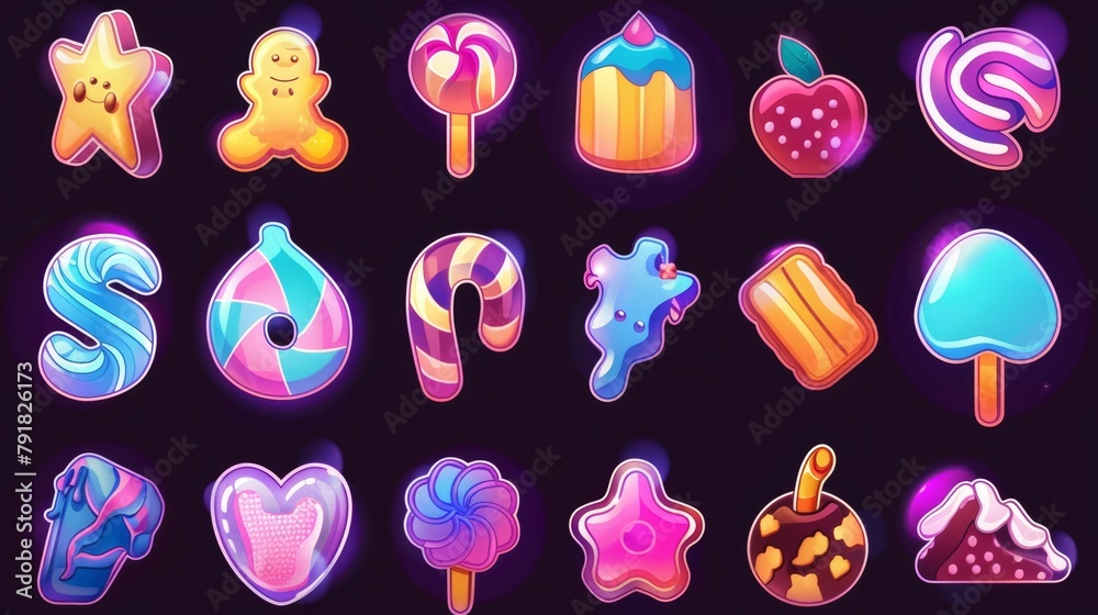 The ideal set of UI elements for candy games. Striped caramel, gingerbread man, lollipop/tofee, chocolate sweets, crunchy cookies and pralines. The ideal set of UI elements for candy games. Striped caramel, gingerbread man, lollipop/tofee, chocolate sweets, crunchy cookies and pralines.