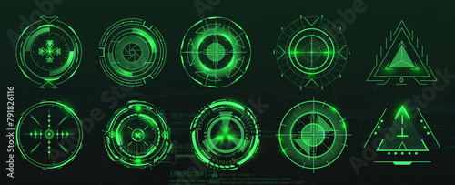 Modern aiming system ui, ux. Futuristic optical aim. Military collimator sight, gun targets focus range indication. Gaming and hi-tech.  Green color. Vector illustration photo
