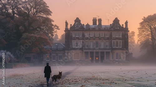 A serene dawn at an English country manor, with the warm hues of morning casting a gentle light on a mist-laden landscape photo