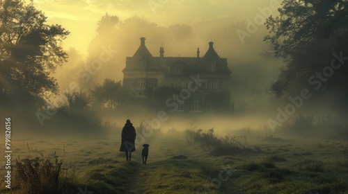 A solitary figure and their loyal dog approach a grand manor enveloped in the golden mist of a peaceful morning, a scene full of nostalgia and tranquility photo