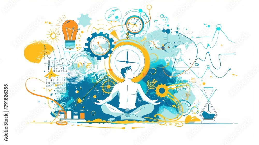 Banner of time management with clock, gears, calendar and doodle of businessman in yoga pose meditating. Modern landing page of work organization and time control.