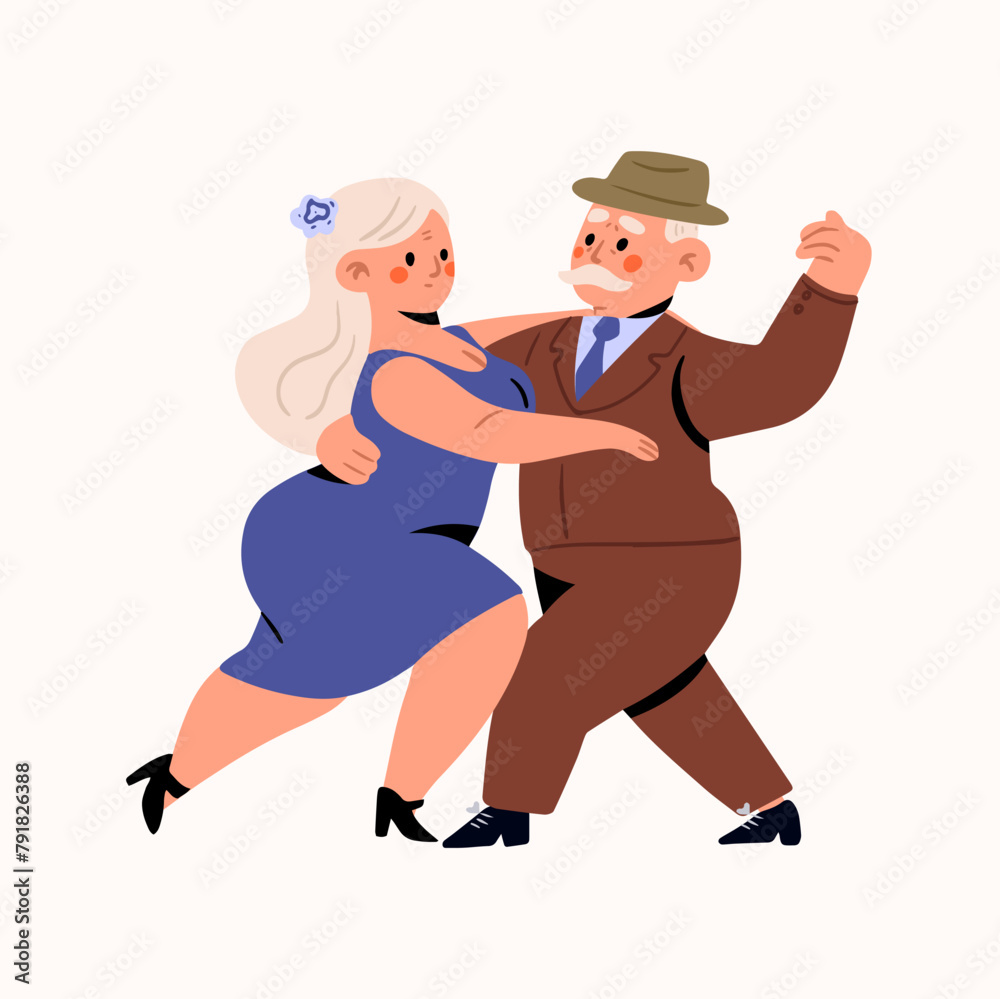 Senior Couples Dance, Elderly People Romantic Loving Relations Concept. Happy Old Men and Women Embracing, Holding Hands while Dancing. Old Characters Dating, Love. Cartoon People Vector 