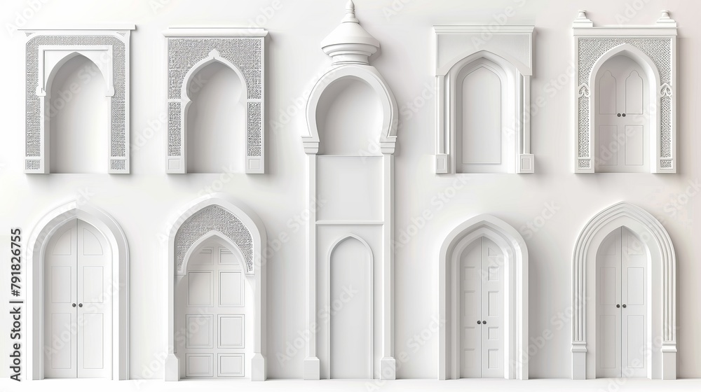 The traditional arabic doors are in different shapes in different mosques, islamic and oriental architecture. This is a realistic modern set of traditional arabic door frames on a white background.