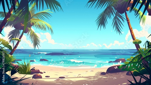 An ocean beach with palm trees in tropical climates. Modern parallax background with cartoon seascape, sand shore and sea lagoon. photo