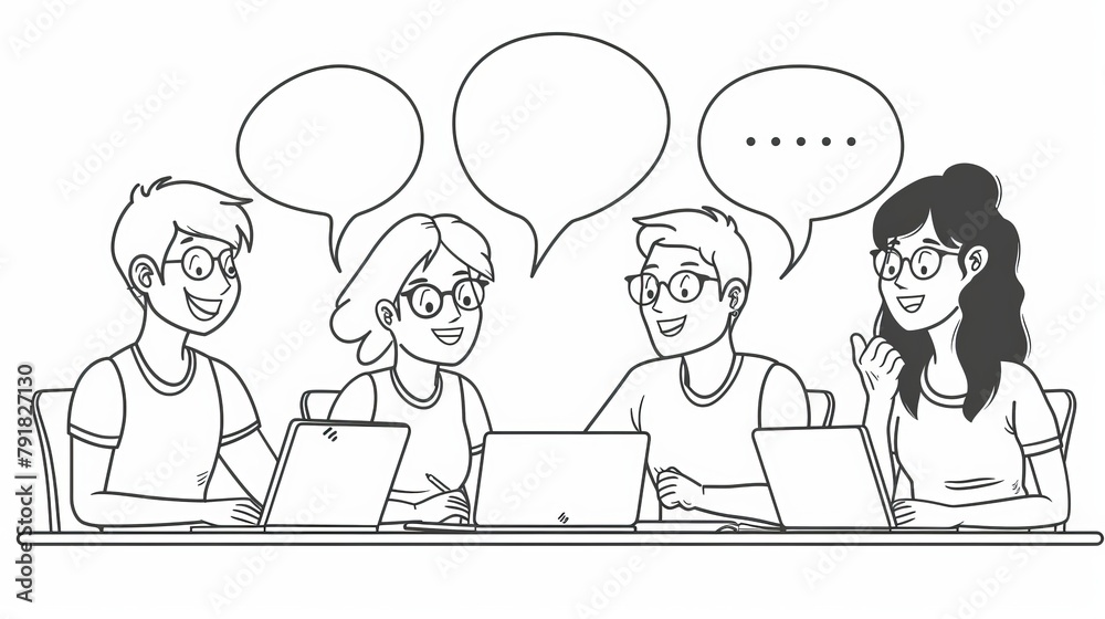 People meeting, disputing, discussing in office. Colleagues share thoughts and discuss project plans. Line art modern illustration showing employees communicating. People meeting, disputing, discussing in office. Colleagues share thoughts and discuss project plans. Line art modern illustration showing employees communicating.