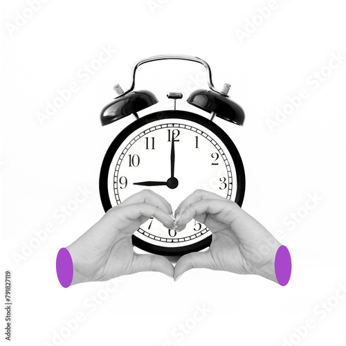 Black alarm clock with two hands showing a heart shape isolated on white background. 9 o'clock. Morning, reminder. Time concept. Trendy creative collage. Contemporary art. Modern design. Early rise