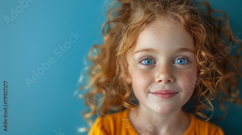 Portrait of a little girl with curly hair on a blue background