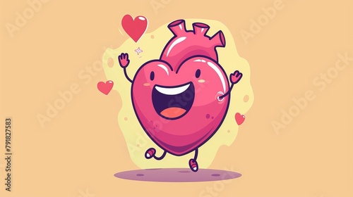 Cartoon character of a human heart. Cute internal organ, anatomical figure with a kawaii face waving hands in the rib cage. Healthy body, anatomy for kids. Modern illustration.