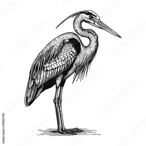 heron engraving black and white outline