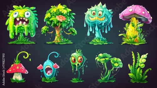Plants with dripping slime  mushroom monsters  flower monsters with teeth and mouth  and grass with eyes. Creepy fantasy plants and fungi modern cartoon set.