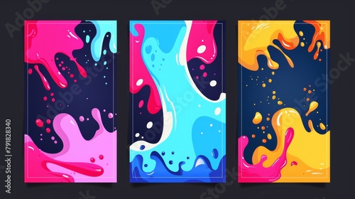 Exhibition posters with abstract painting design. Modern vertical banners, invitation flyers to museums or galleries with colorful paint blobs and hand drawn shapes.