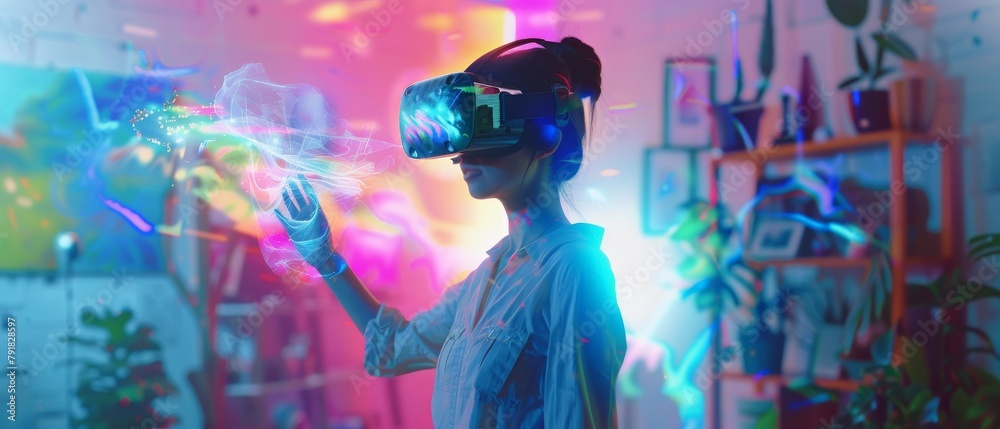 A talented female artist wearing an augmented reality headset sculpts ...