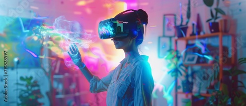 A talented female artist wearing an augmented reality headset sculpts abstract 3D sculptures using gestures to create multimedia Internet concept art.