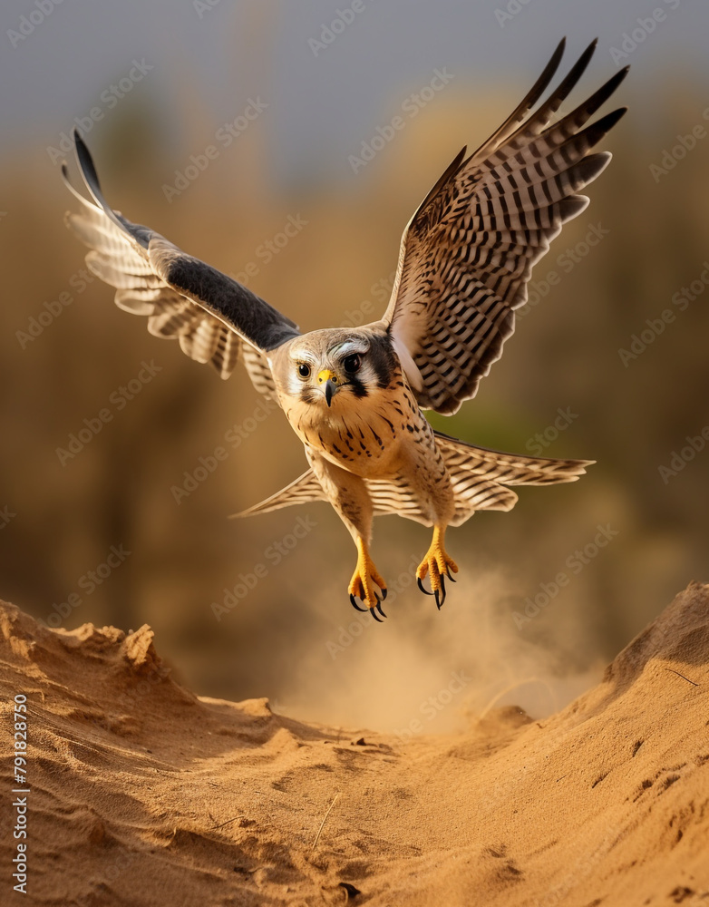 Fototapeta premium flying Lanner Falcon, reallife animals, sand desert сreated with Generative Ai