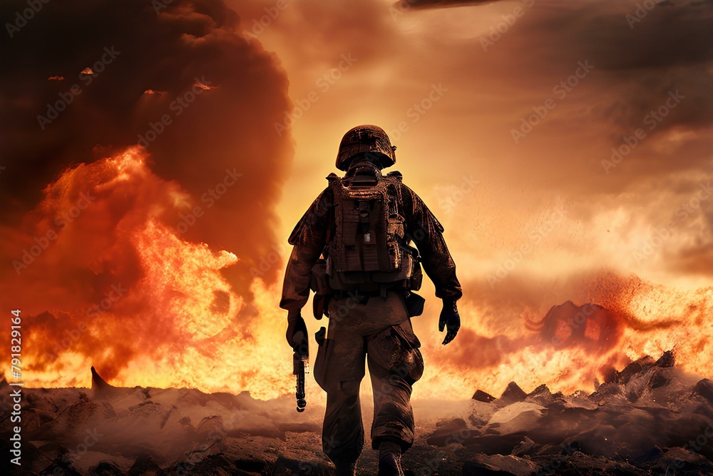 Special Forces Military soldier walking through destruction and battlefield warzone aftermath as wide banner.